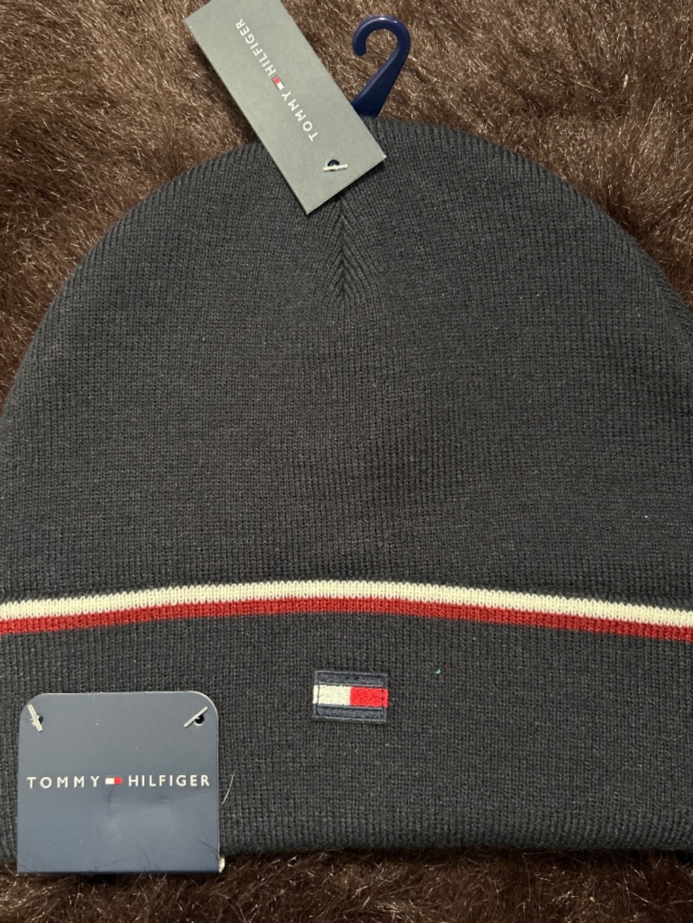 Men’s Tommy Hilfiger Fleece Hat Beanie Black Logo NWT One Size